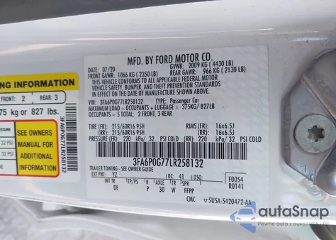 2020 Ford Fusion S из США, поврежденный, VIN 3FA6P0G77LR258132